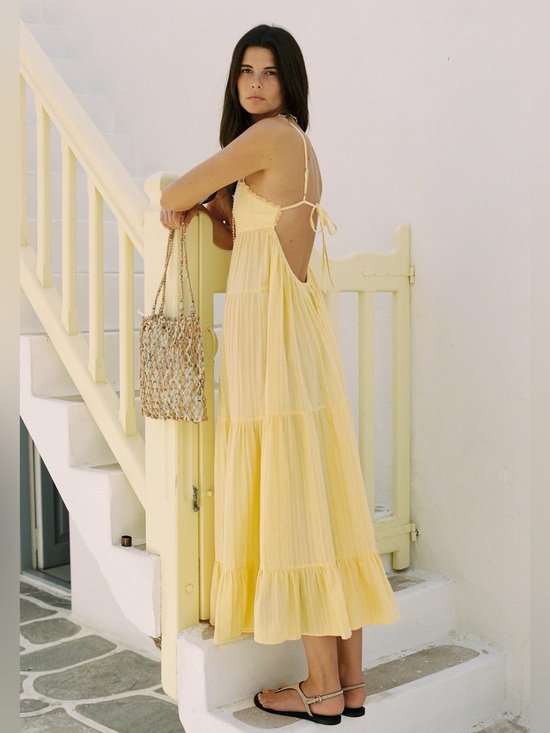 Zara Dresses & Skirts - Zara NWT Romantic Resort Vacation Yellow Open Back Tie Up Tiered Maxi Dress (XL)
